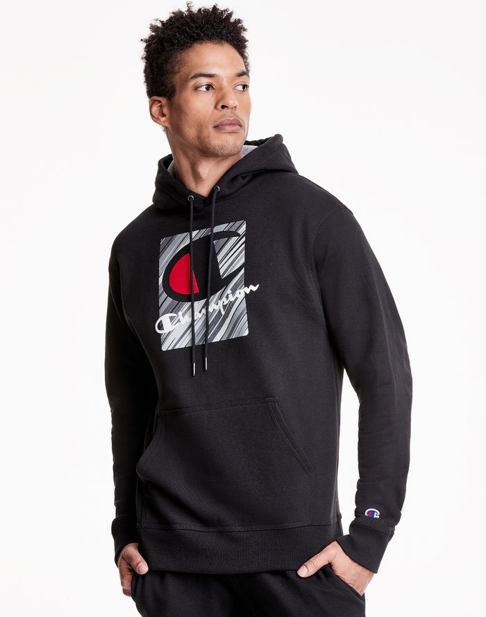 Champion Hoodie Heren - Zwart - Powerblend Fleece Inset Rectangle Logo  ( 473590-DAV )